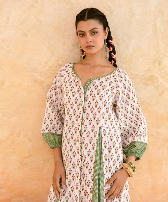 Ivory green printed cotton kurta set 2