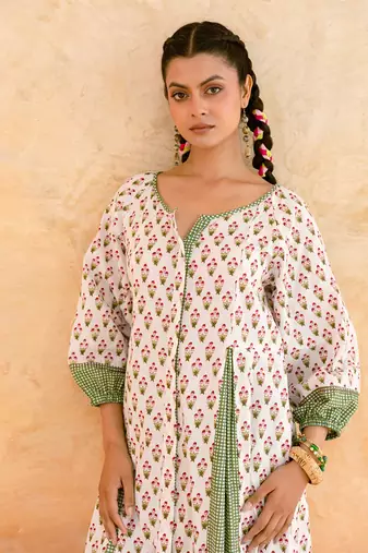 Ivory green printed cotton kurta set