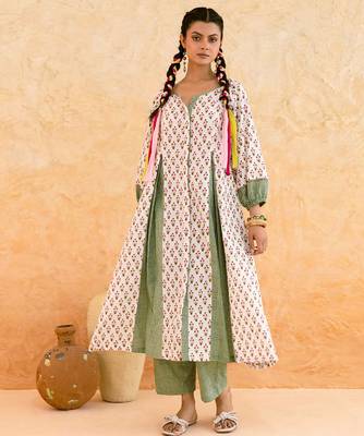 Ivory green printed cotton kurta set 3