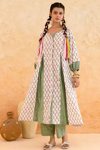 Ivory green printed cotton kurta set