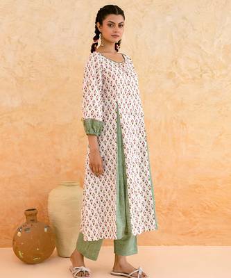 Ivory green printed cotton kurta set 4