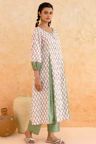 Ivory green printed cotton kurta set