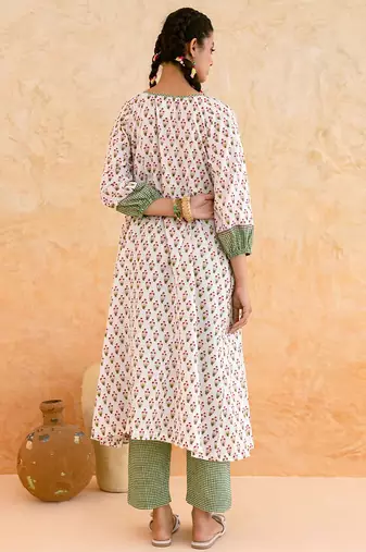 Ivory green printed cotton kurta set