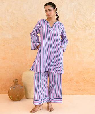 Lilac blue striped cotton kurta set 1
