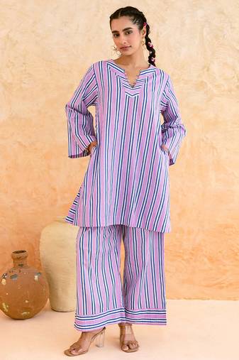 Lilac blue striped cotton kurta set