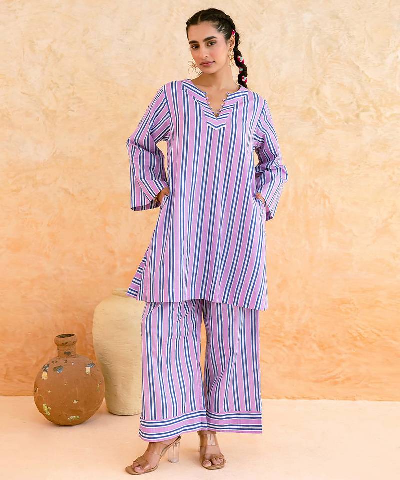 Lilac blue striped cotton kurta set