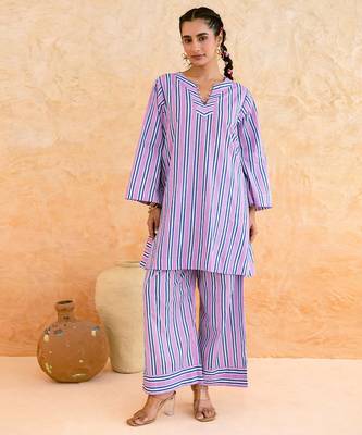 Lilac blue striped cotton kurta set 2