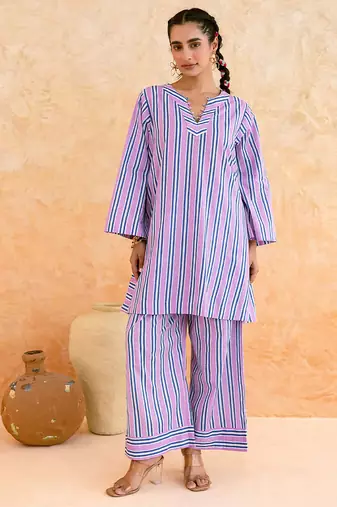 Lilac blue striped cotton kurta set