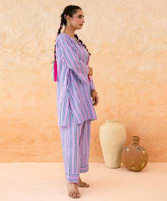 Lilac blue striped cotton kurta set 3