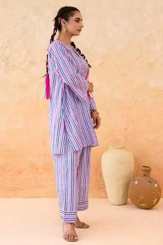 Lilac blue striped cotton kurta set