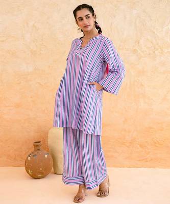 Lilac blue striped cotton kurta set 4