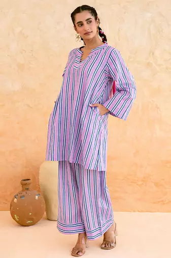 Lilac blue striped cotton kurta set