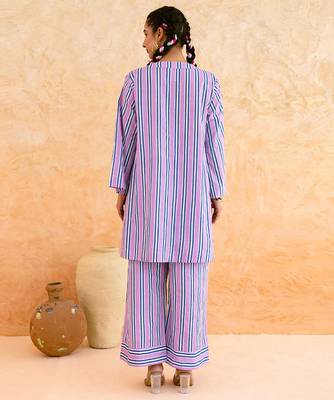 Lilac blue striped cotton kurta set 5