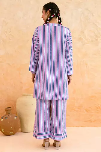 Lilac blue striped cotton kurta set