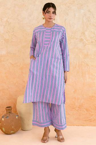 Lilac blue striped cotton kurta set