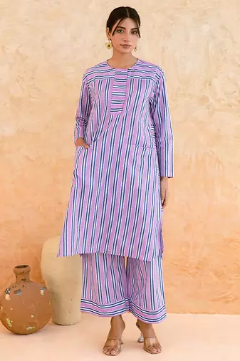 Lilac blue striped cotton kurta set