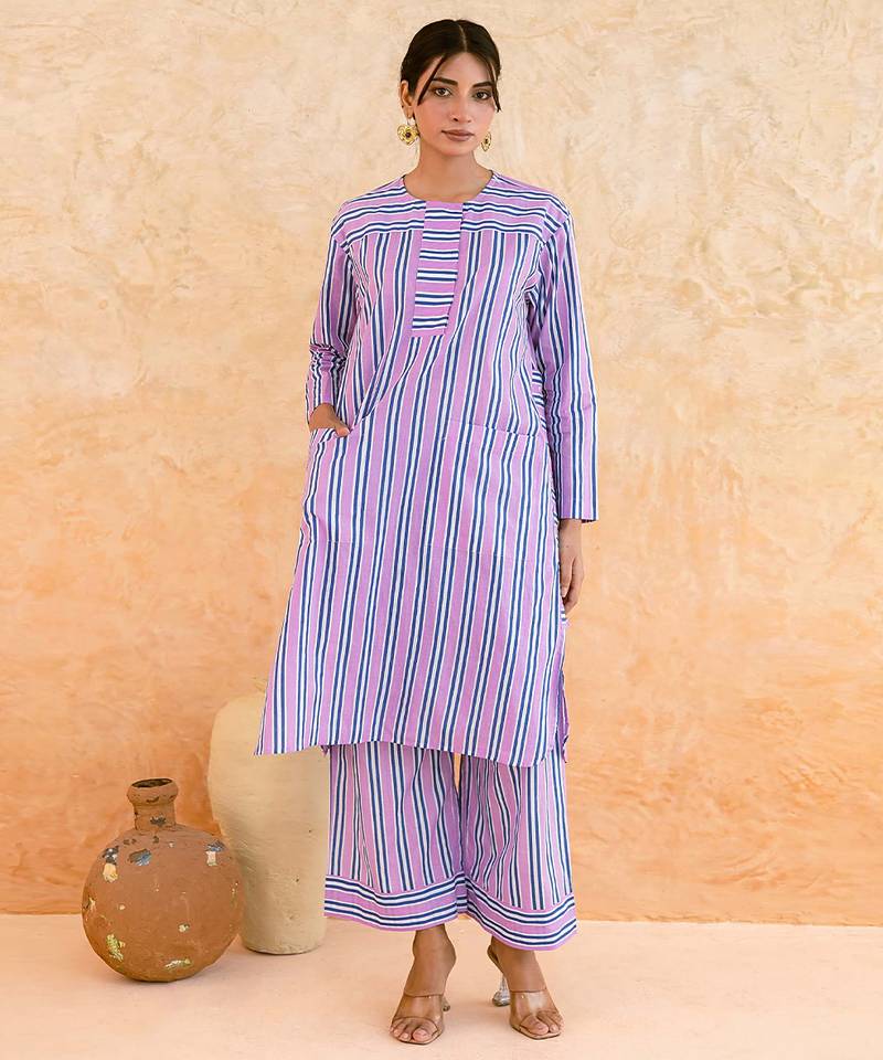 Lilac blue striped cotton kurta set