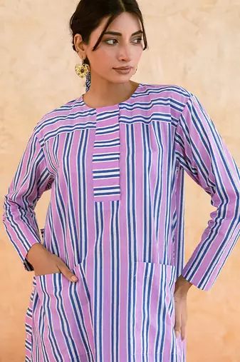 Lilac blue striped cotton kurta set