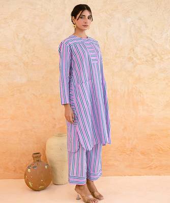 Lilac blue striped cotton kurta set 3