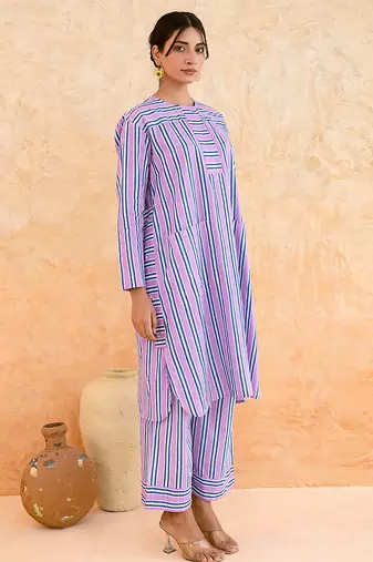 Lilac blue striped cotton kurta set