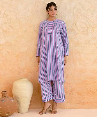Lilac blue striped cotton kurta set 4