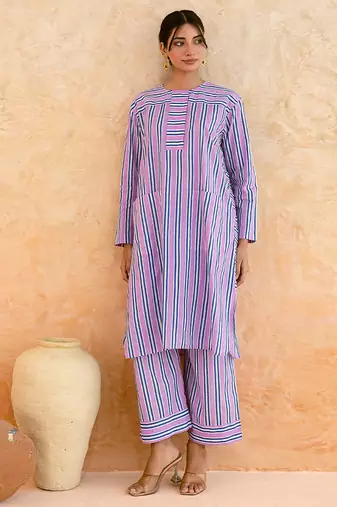 Lilac blue striped cotton kurta set