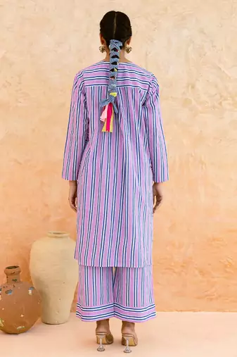 Lilac blue striped cotton kurta set