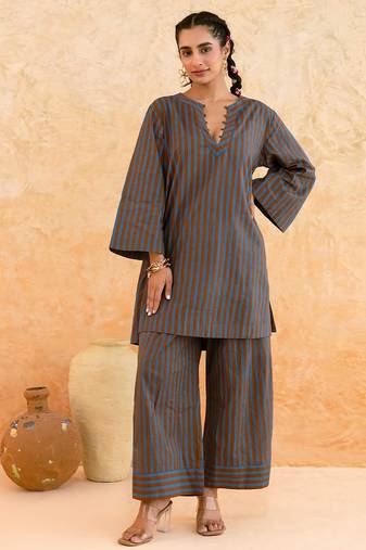 Teal blue brown striped cotton kurta set