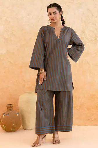 Teal blue brown striped cotton kurta set