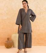 Teal blue brown striped cotton kurta set