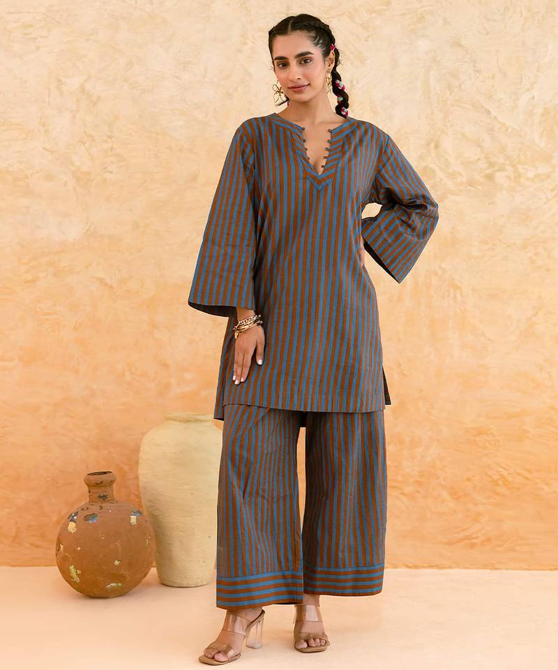 Teal blue brown striped cotton kurta set