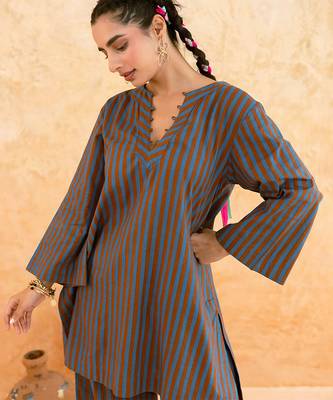 Teal blue brown striped cotton kurta set 2