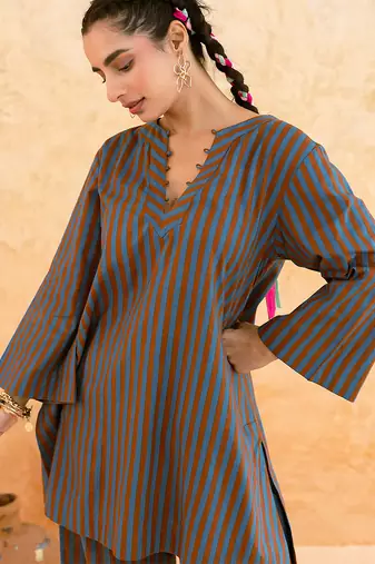Teal blue brown striped cotton kurta set