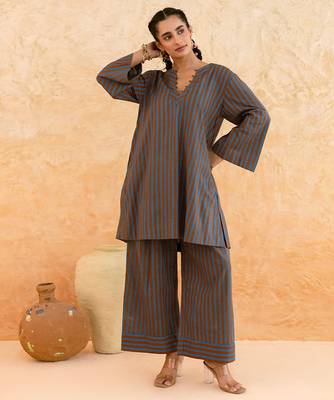 Teal blue brown striped cotton kurta set 3