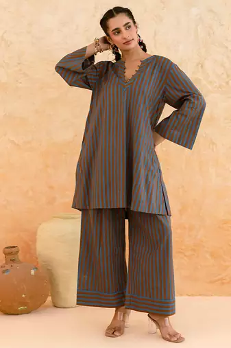 Teal blue brown striped cotton kurta set