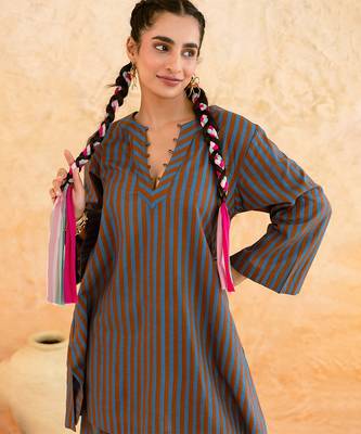Teal blue brown striped cotton kurta set 4