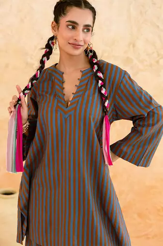 Teal blue brown striped cotton kurta set