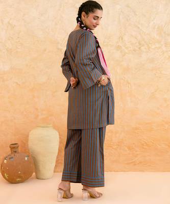 Teal blue brown striped cotton kurta set 5