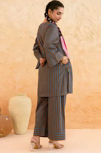 Teal blue brown striped cotton kurta set