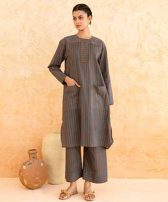 Teal blue brown striped cotton kurta set 1