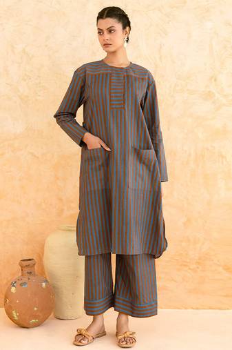 Teal blue brown striped cotton kurta set