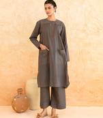 Teal blue brown striped cotton kurta set