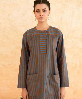 Teal blue brown striped cotton kurta set 2
