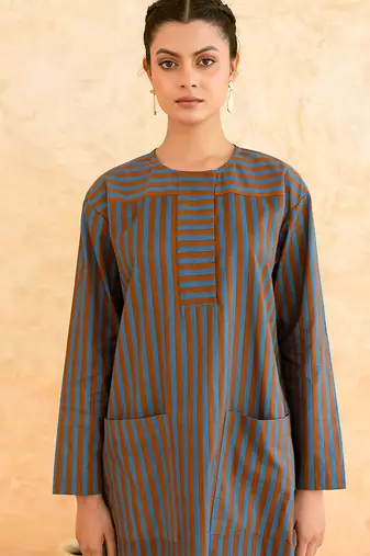 Teal blue brown striped cotton kurta set