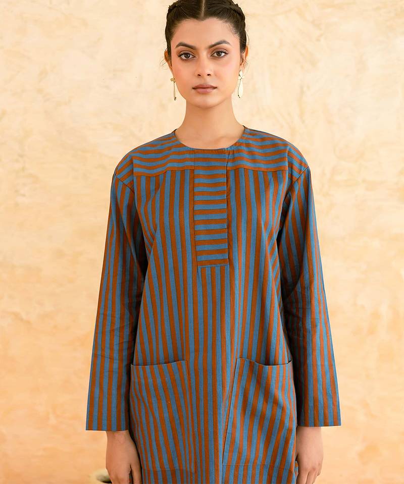 Teal blue brown striped cotton kurta set