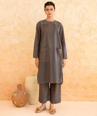 Teal blue brown striped cotton kurta set 3
