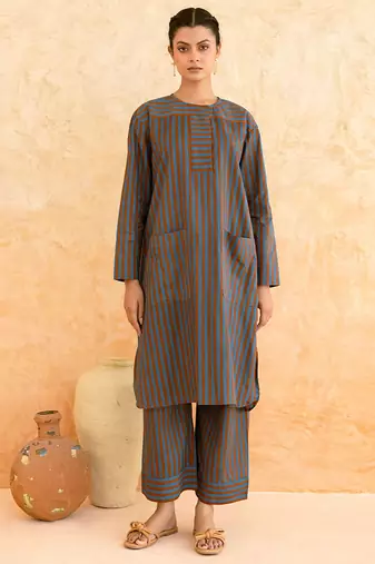 Teal blue brown striped cotton kurta set