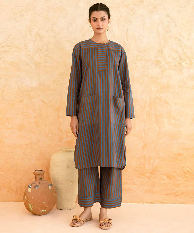 Teal blue brown striped cotton kurta set