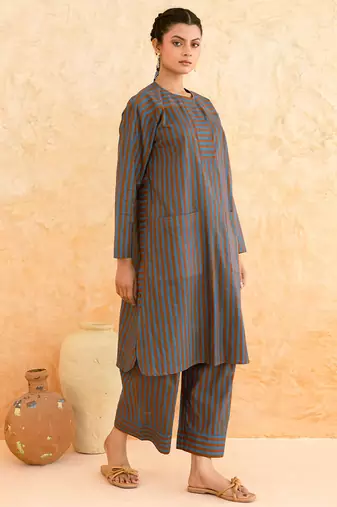 Teal blue brown striped cotton kurta set