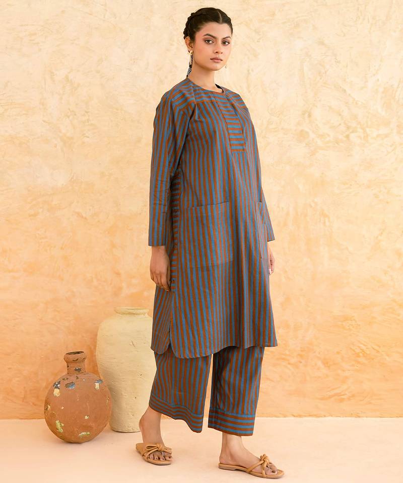 Teal blue brown striped cotton kurta set